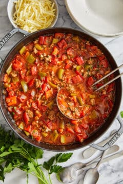 Stuffed pepper soup made from ground beef, white rice and bell peppers.
