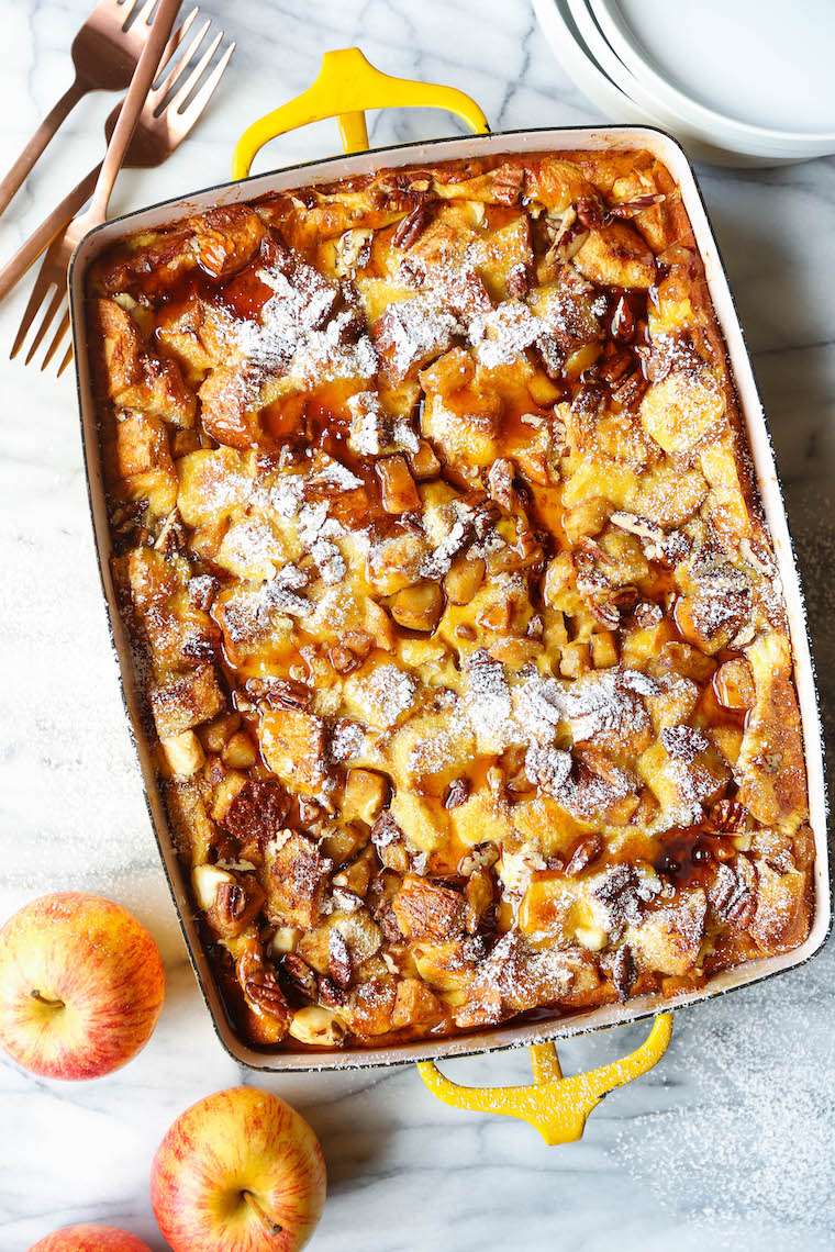 Apple French Toast Recipe Overnight Cinnamon Apple French Toast Bake - Prepare the night before! Soaked in maple syrup, tender cinnamon apples + topped with toasted pecans. SO GOOD.