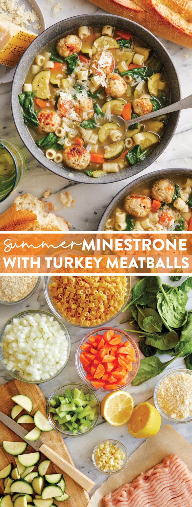 Summer Minestrone with Turkey Meatballs - A hearty, freezer-friendly soup chockfull of fresh garden vegetables. A classic summertime dinner!